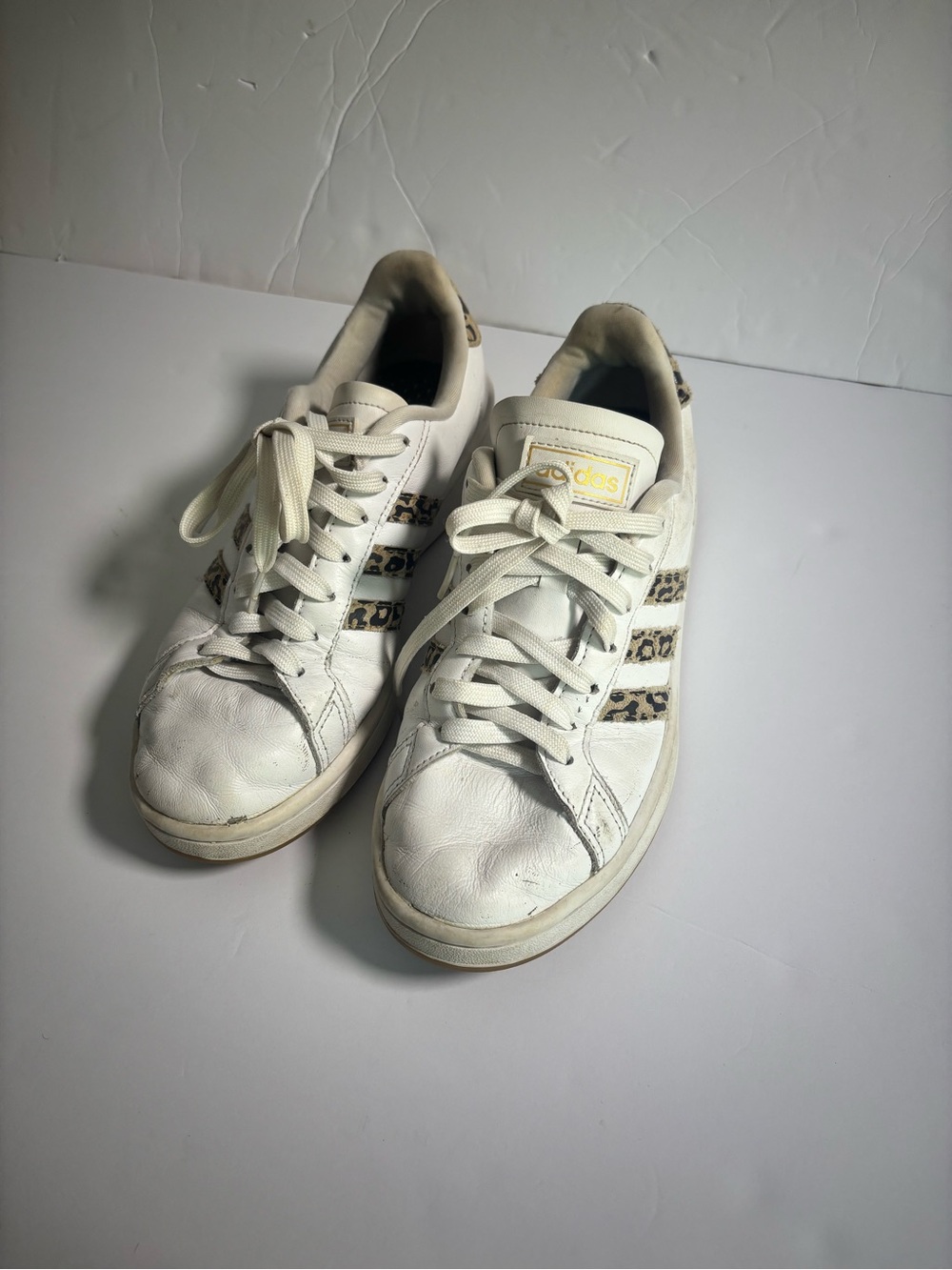 adidas White Sneakers with Leopard-Print Three Stripes